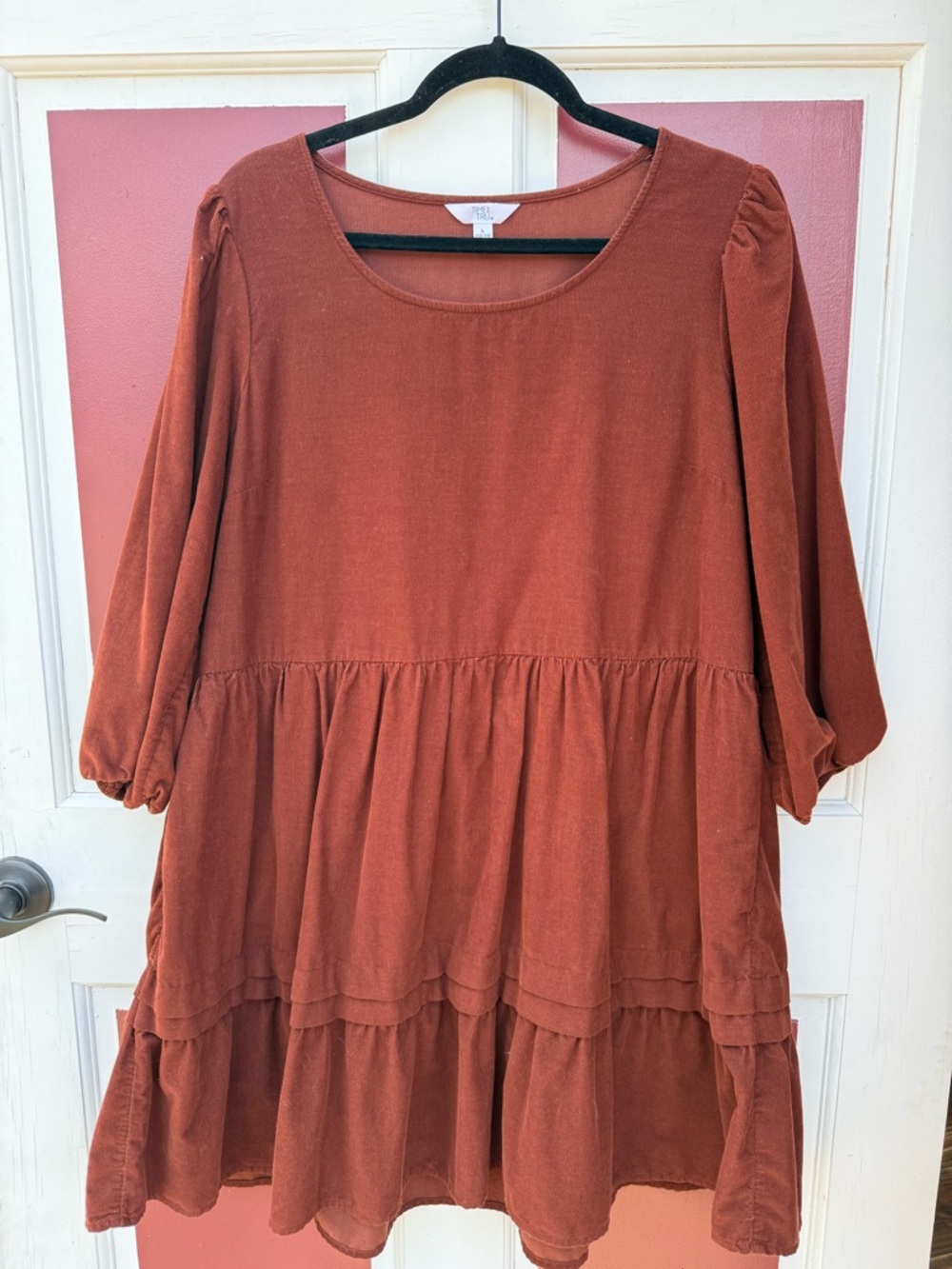 Rust Corduroy Tiered Babydoll Tunic Dress - Women